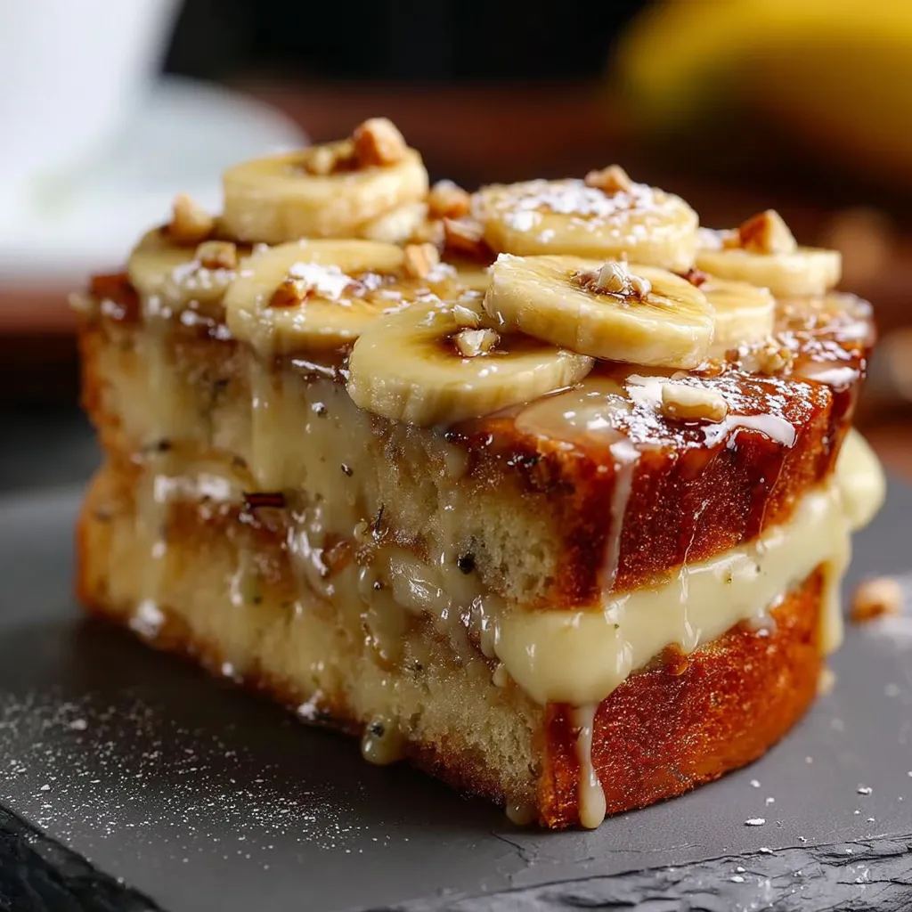 A slice of banana bread with bananas on top.