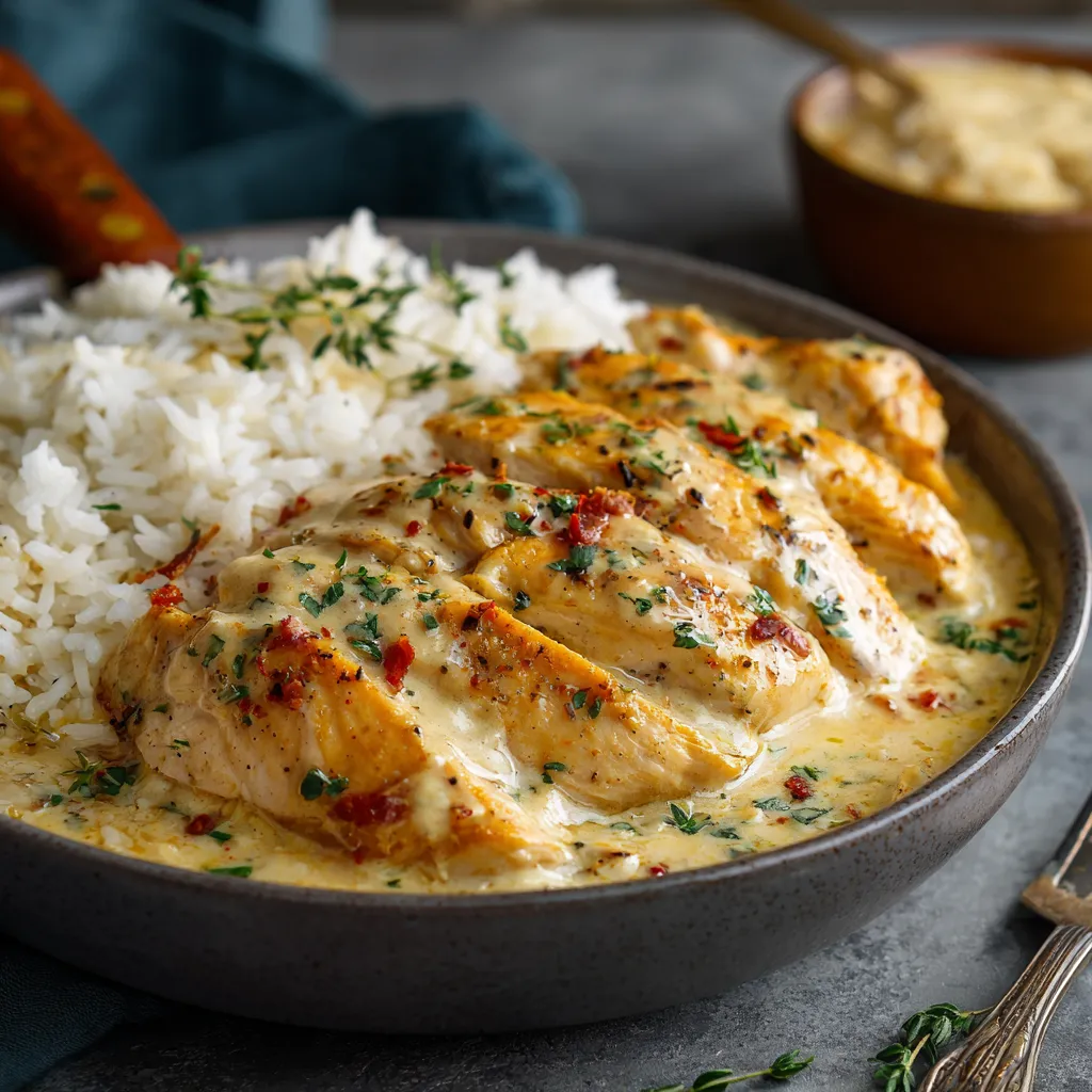 A plate of food with rice and chicken.