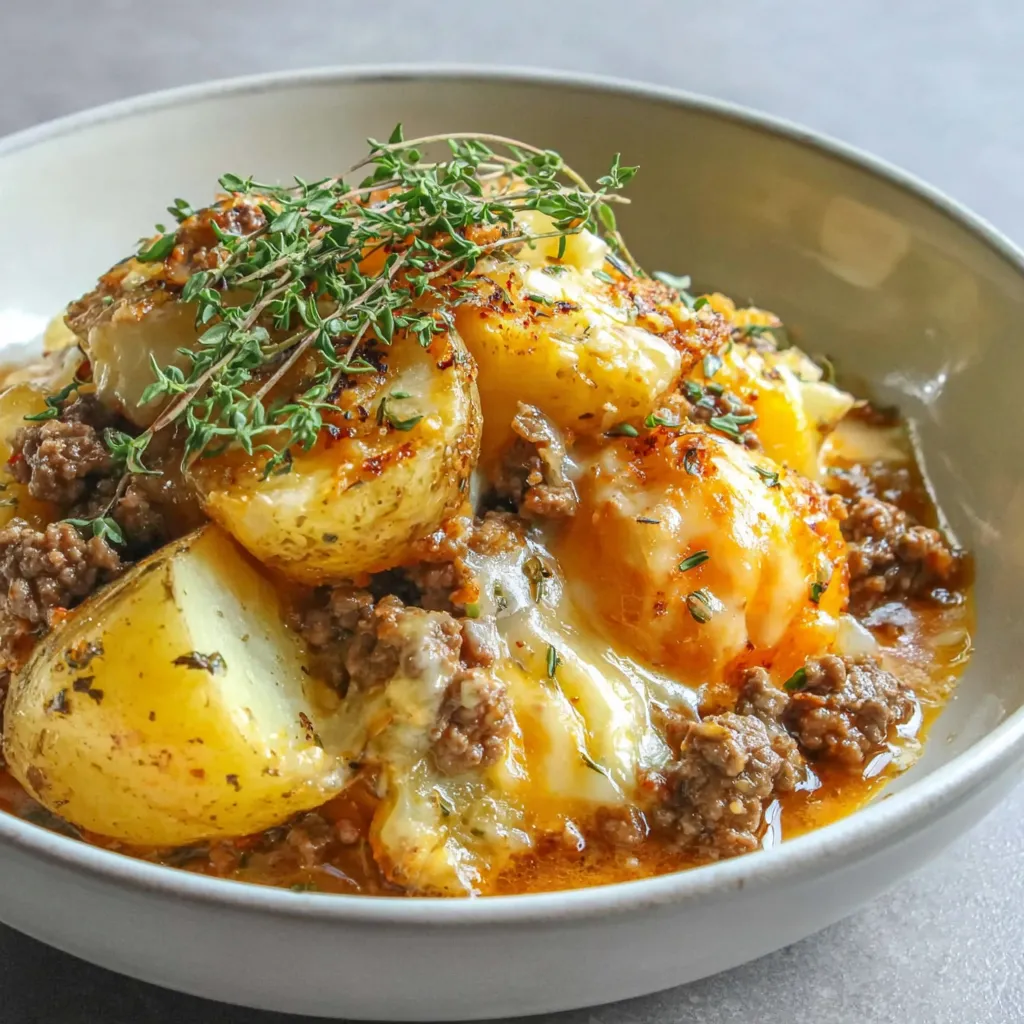A bowl of food with potatoes and meat.