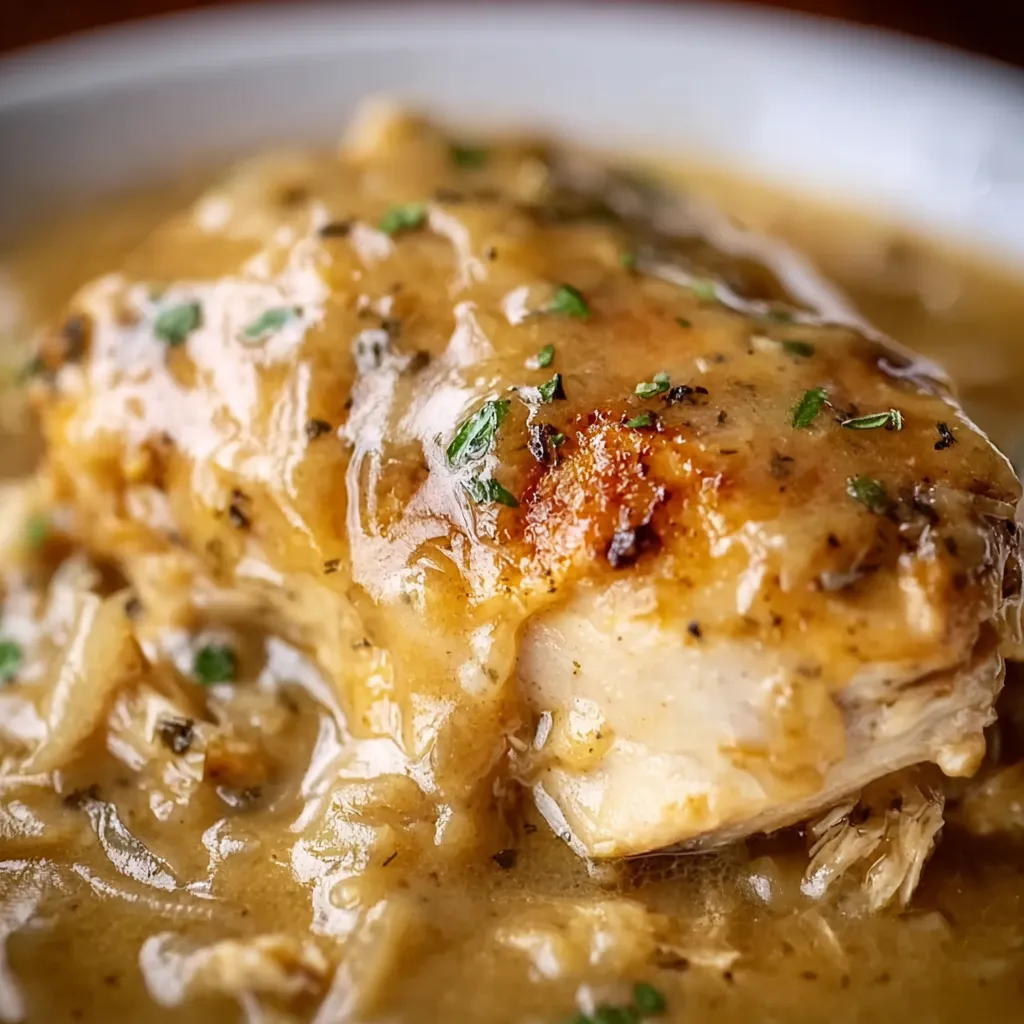 A piece of chicken with gravy on it.