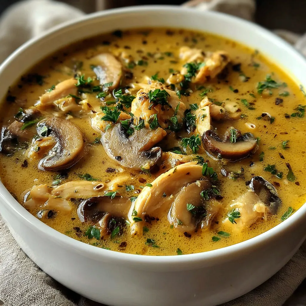 A bowl of soup with mushrooms and chicken.