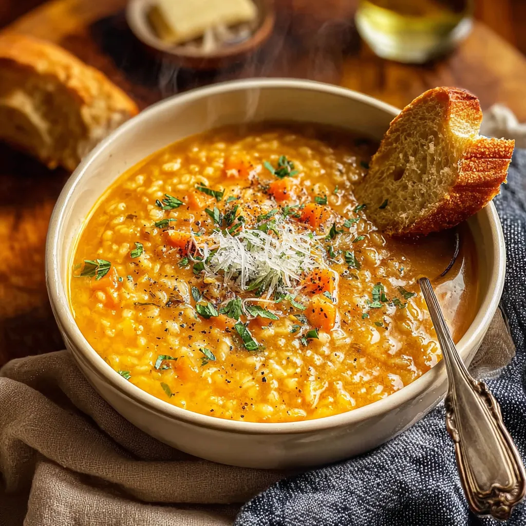 A bowl of soup with a spoon in it.