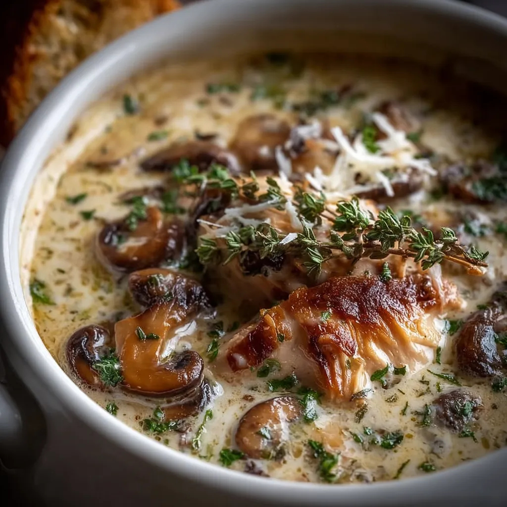 A bowl of soup with mushrooms and herbs.