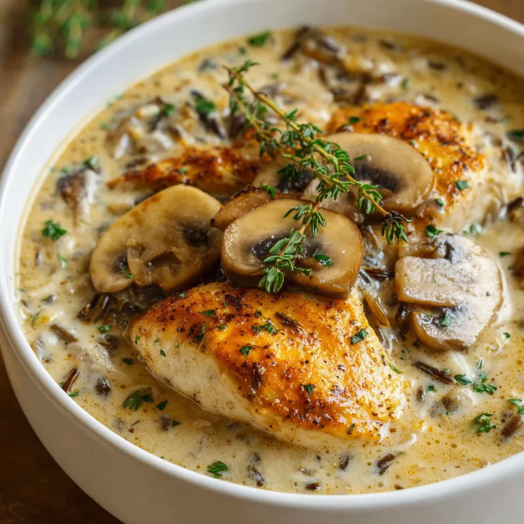 A bowl of soup with mushrooms and chicken.
