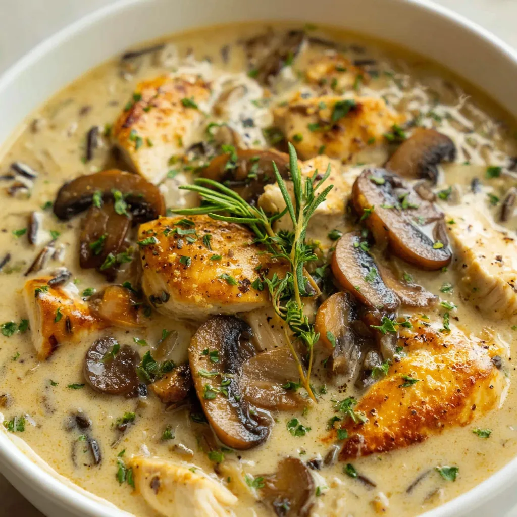 A bowl of soup with chicken and mushrooms.