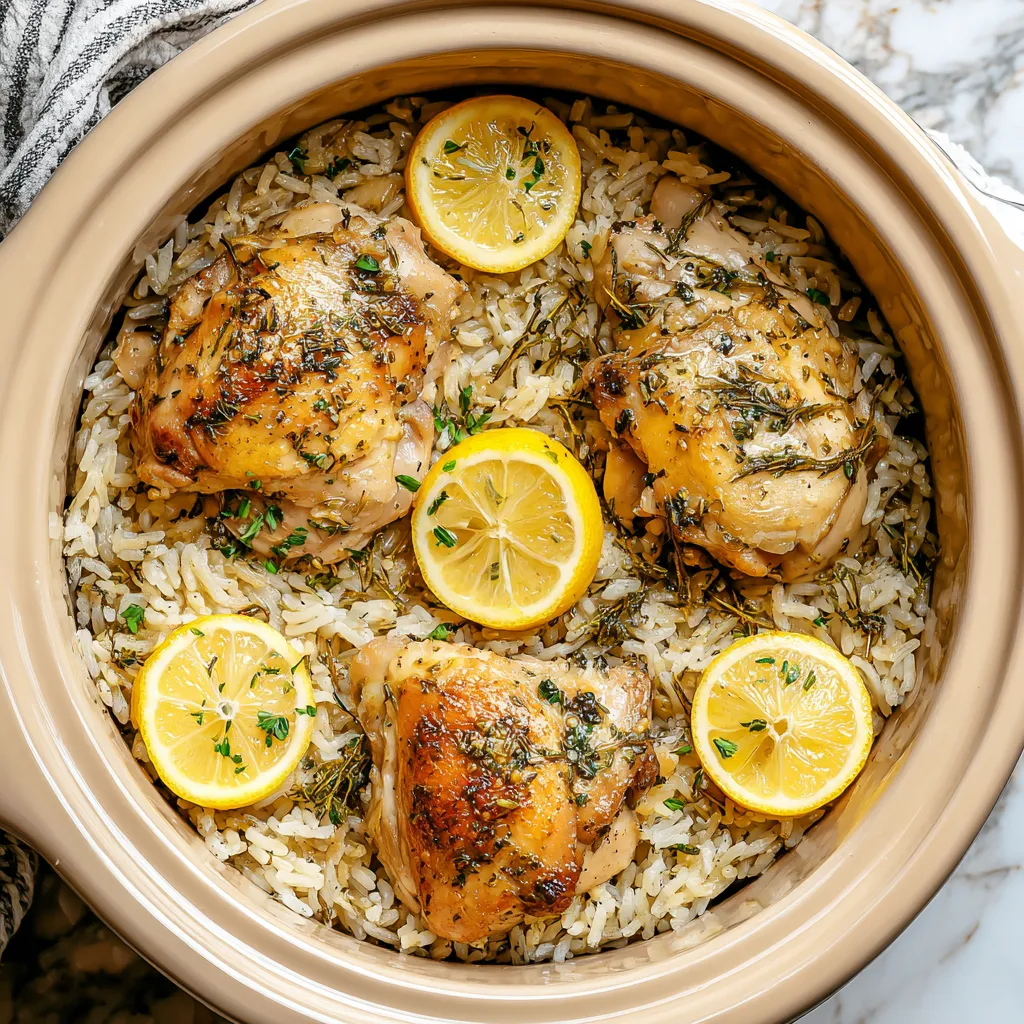 A bowl of rice with chicken and lemon wedges.