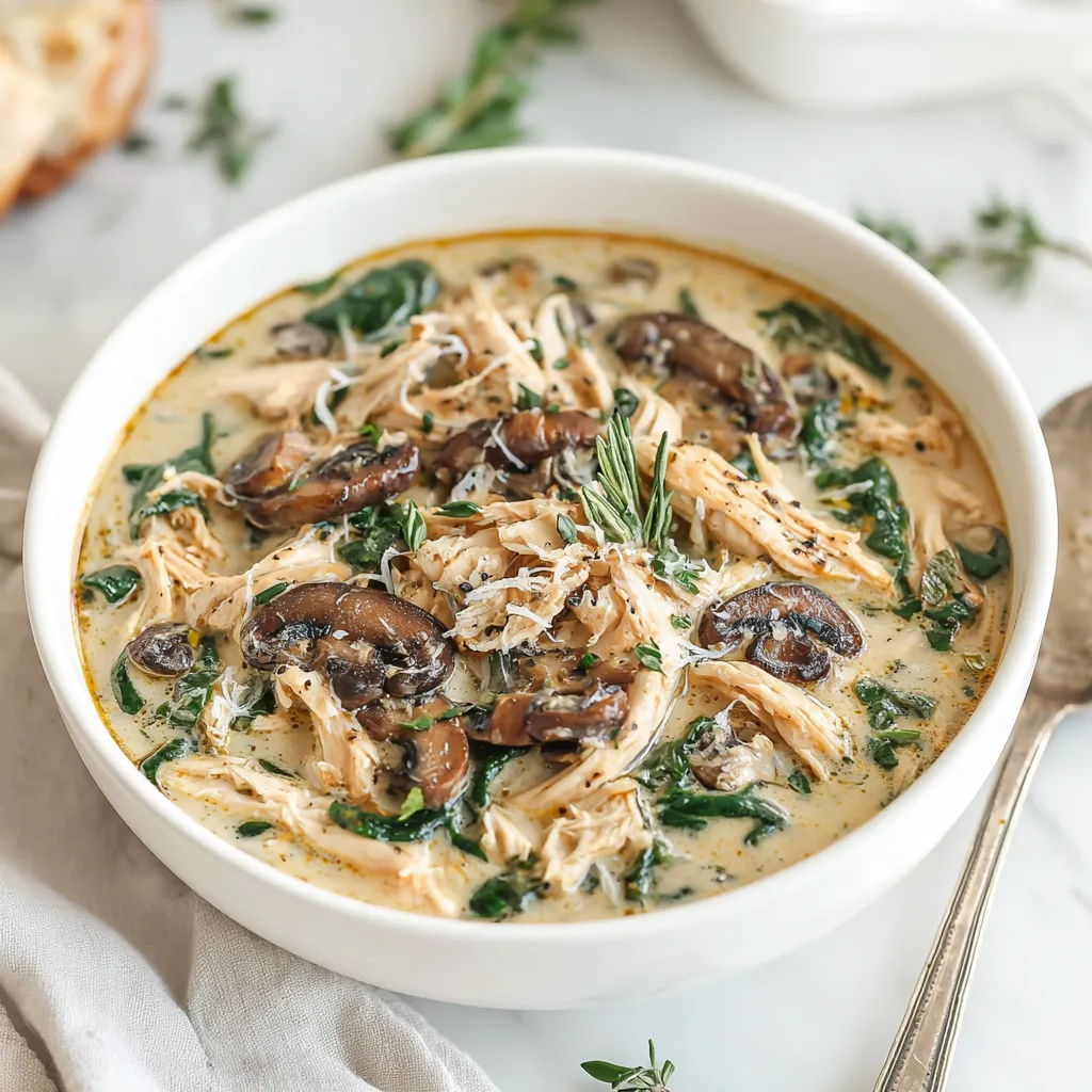 A bowl of soup with mushrooms and chicken.