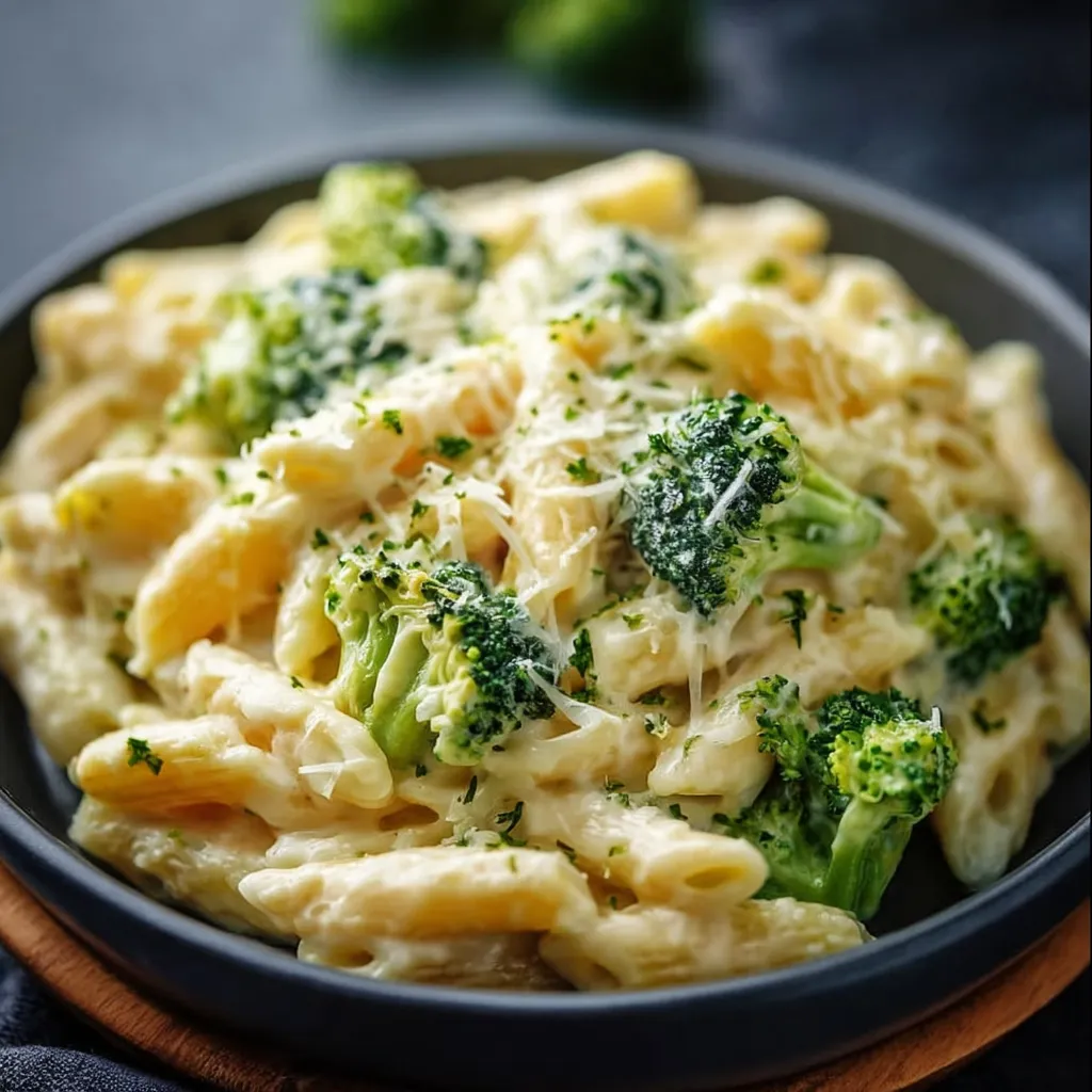 A bowl of pasta with broccoli and cheese.