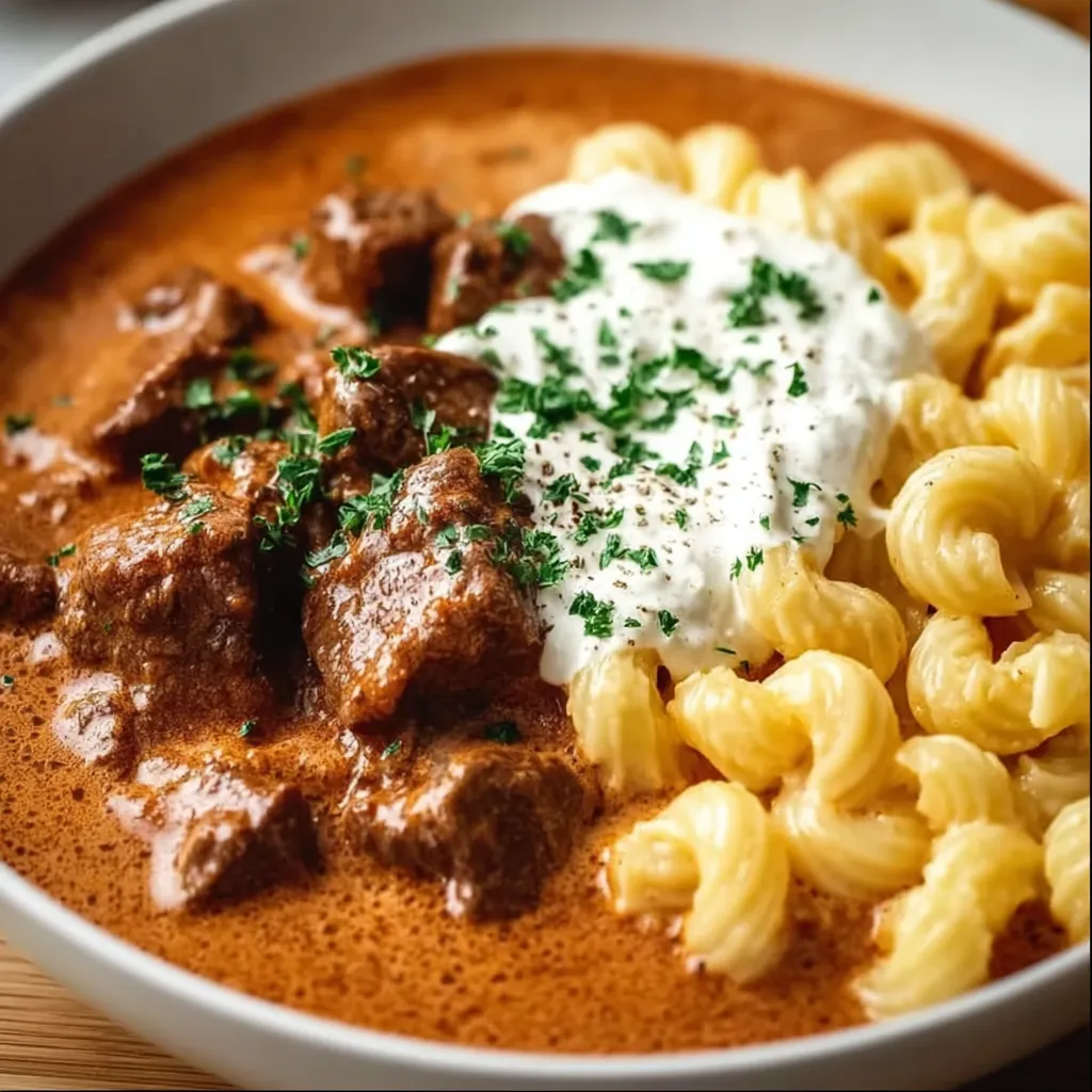 A bowl of food with meat and pasta.