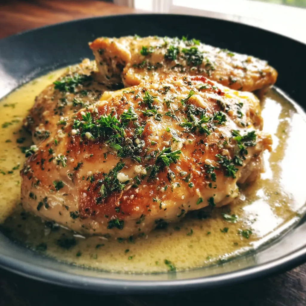 A plate of chicken with herbs on top.