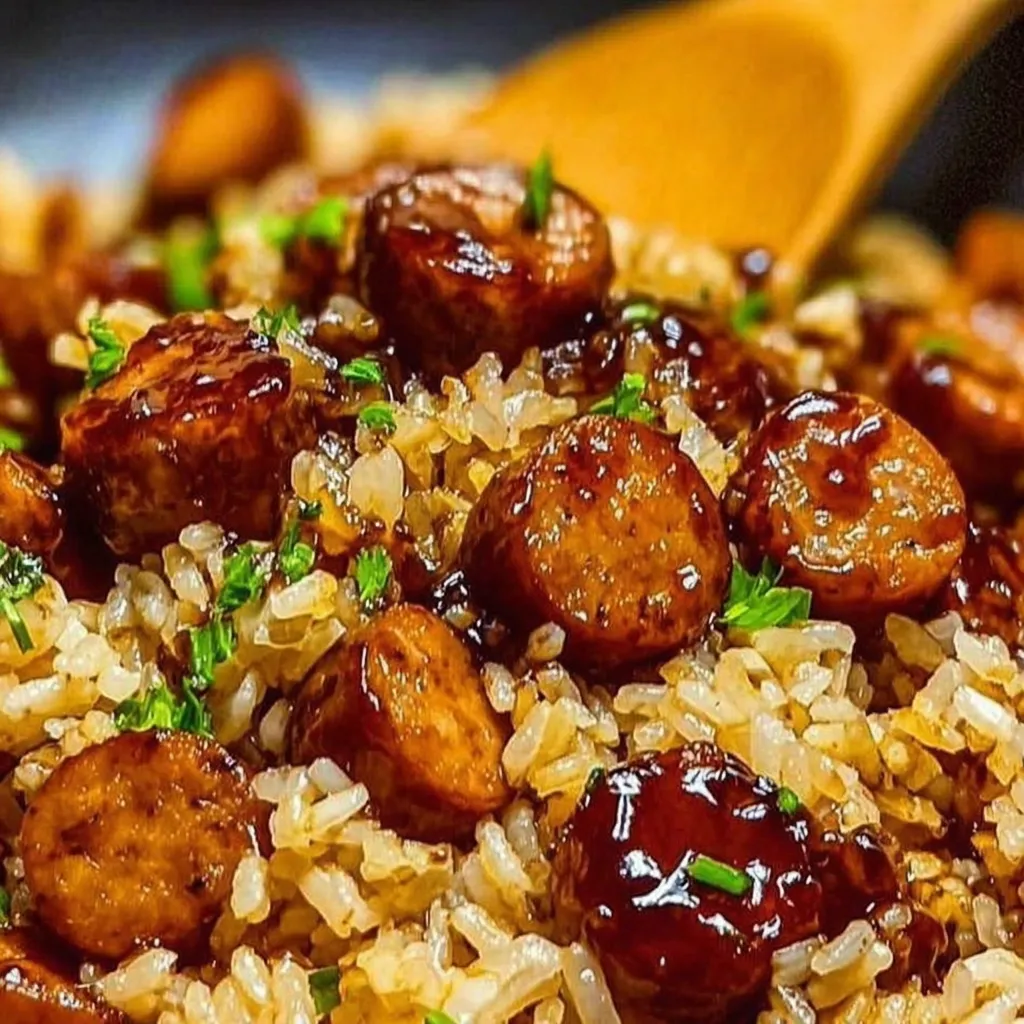 A bowl of rice with sausage and vegetables.