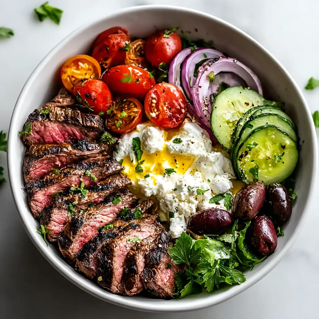 A bowl of food with meat, tomatoes, cucumbers, and onions.
