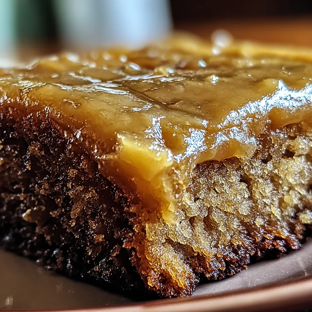 A slice of caramel cake on a plate.