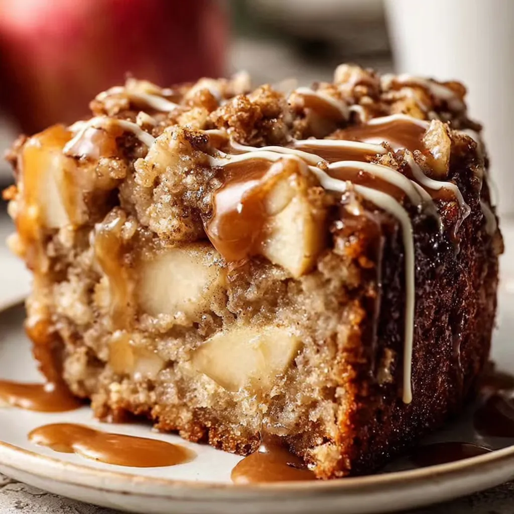 A slice of cake with caramel drizzled on top.