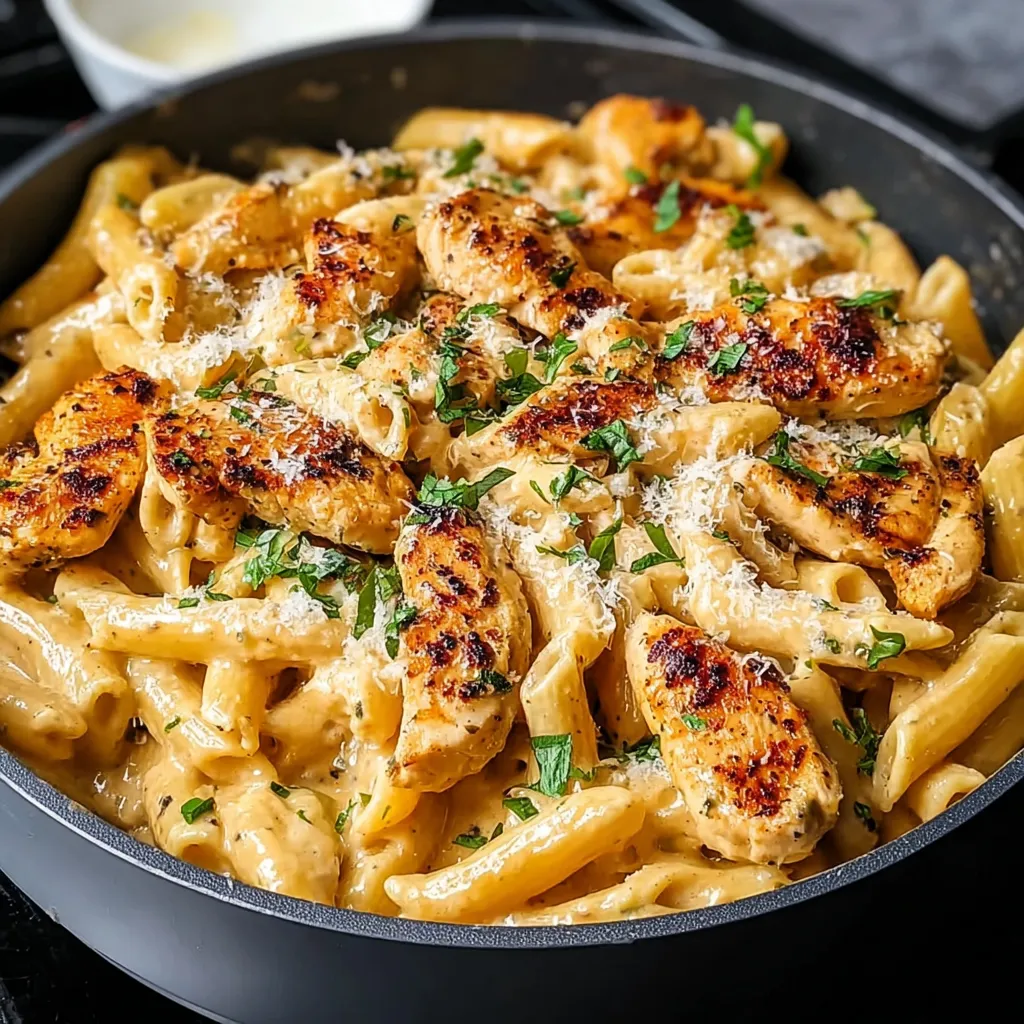 A bowl of pasta with chicken and cheese.