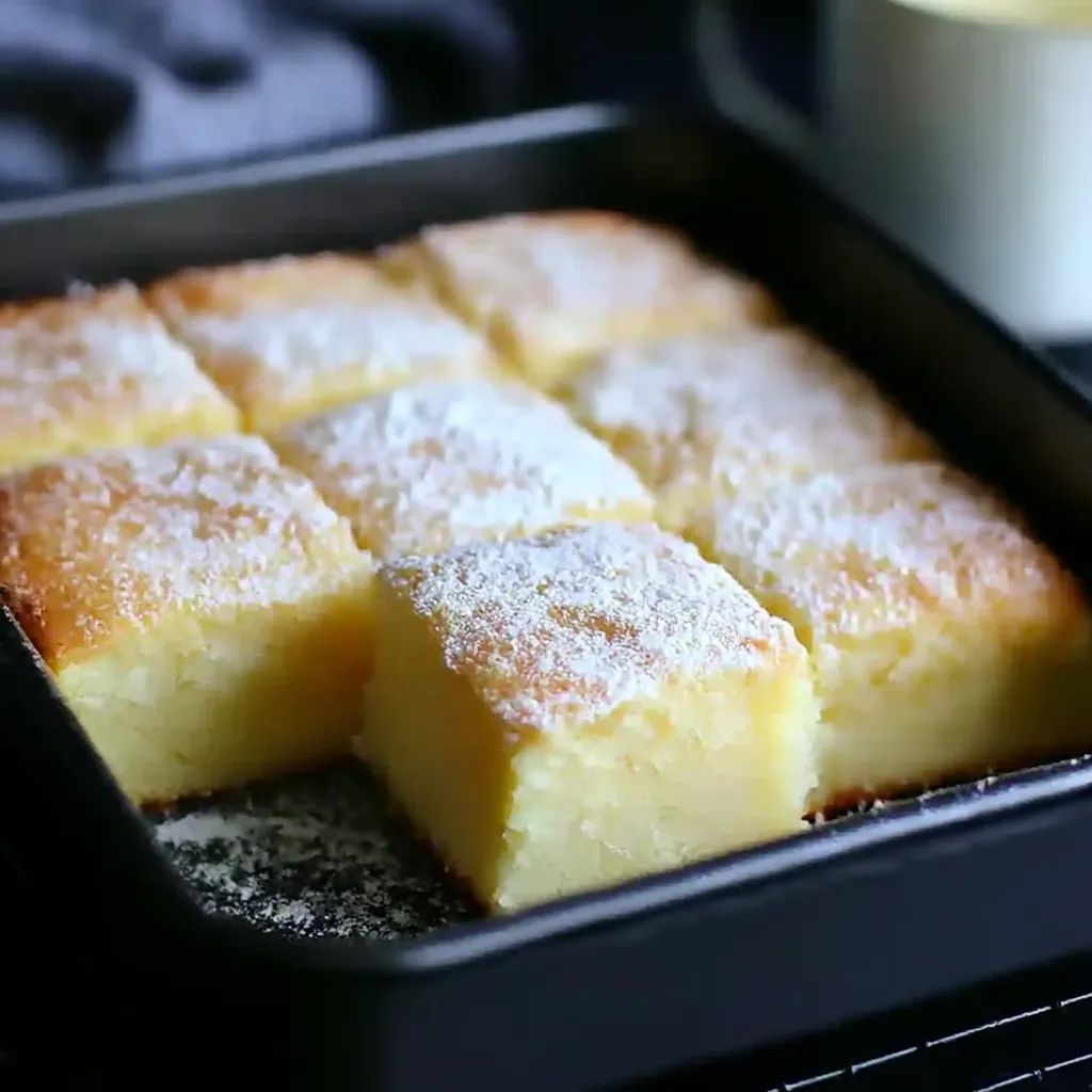 A pan of cake with powdered sugar on top.