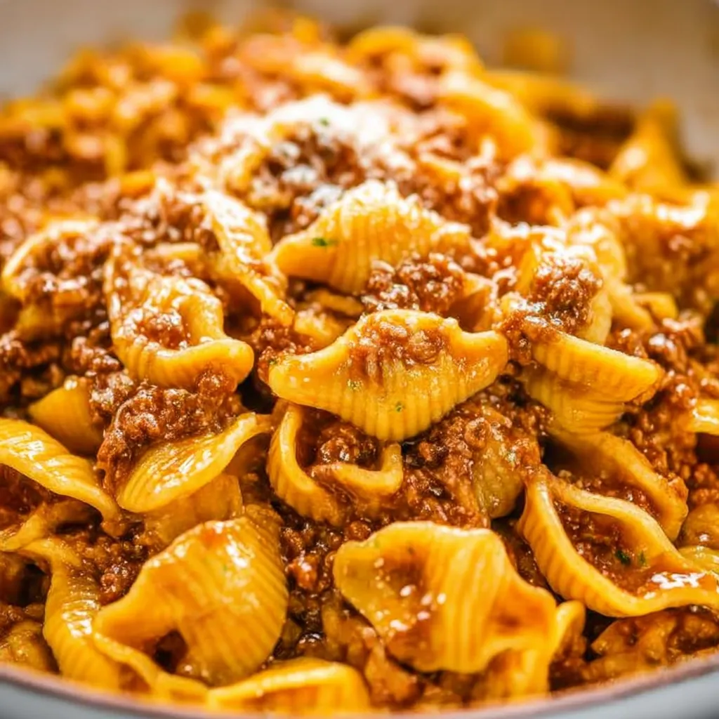 A bowl of pasta with meat sauce.
