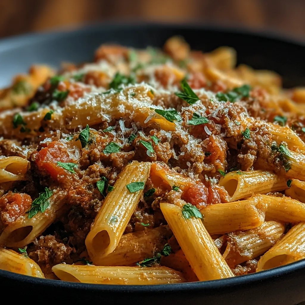 A bowl of pasta with meat sauce.