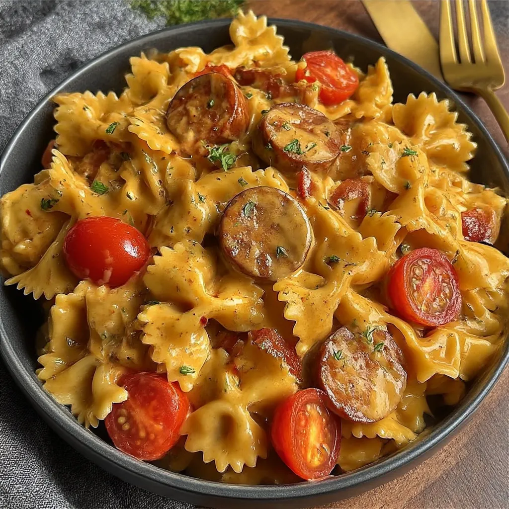 A bowl of pasta with tomatoes and sausage.