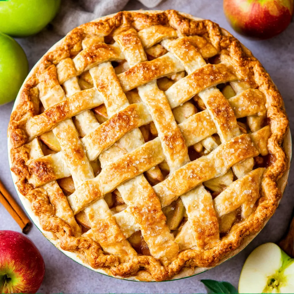 A pie with a lattice crust and a filling of apples.