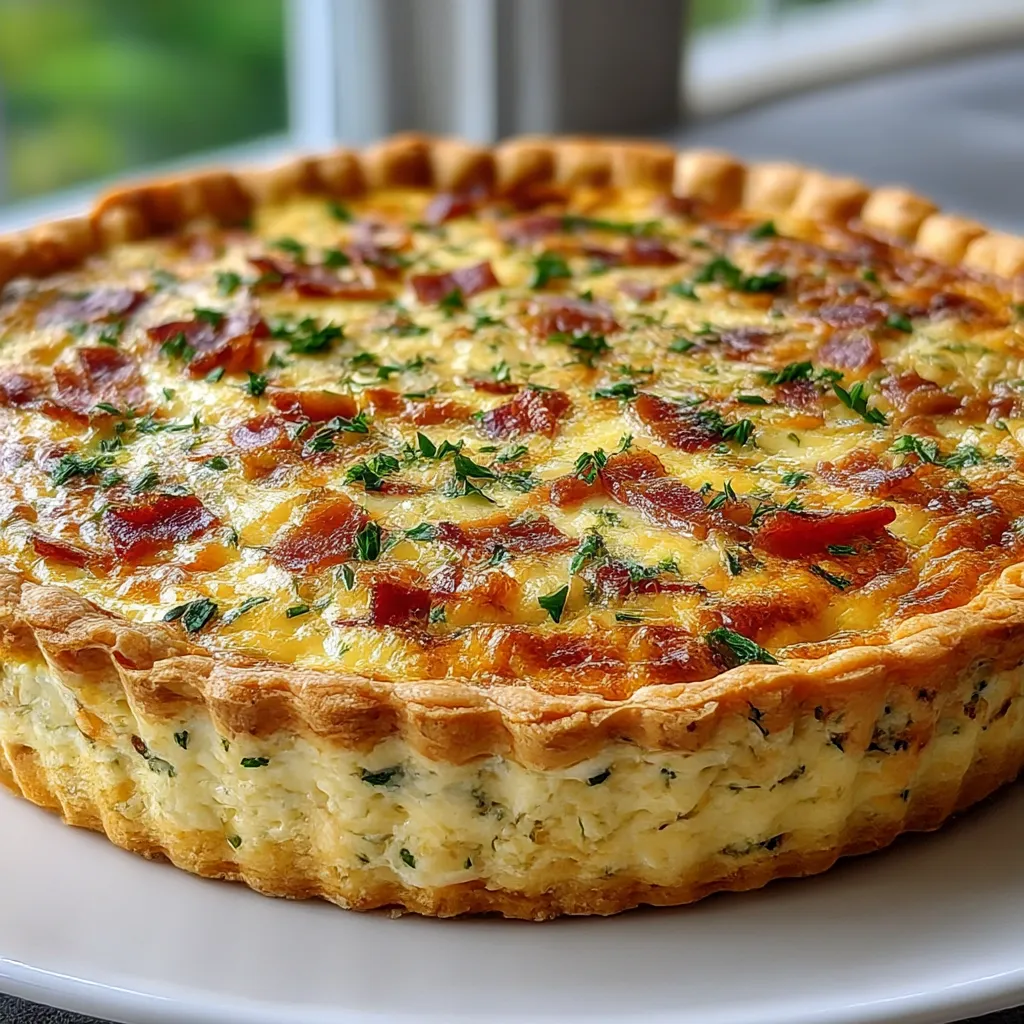 A quiche with bacon and cheese on a white plate.