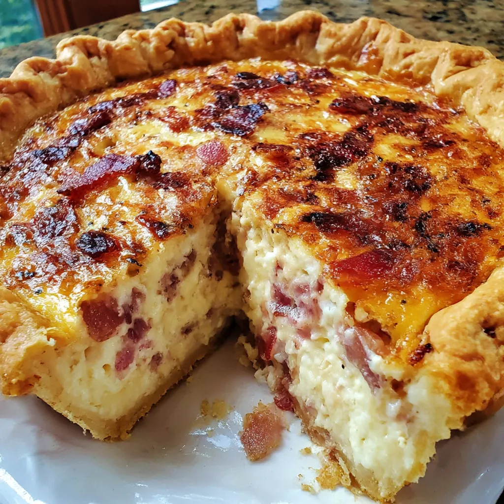 A slice of cheesy bacon quiche.