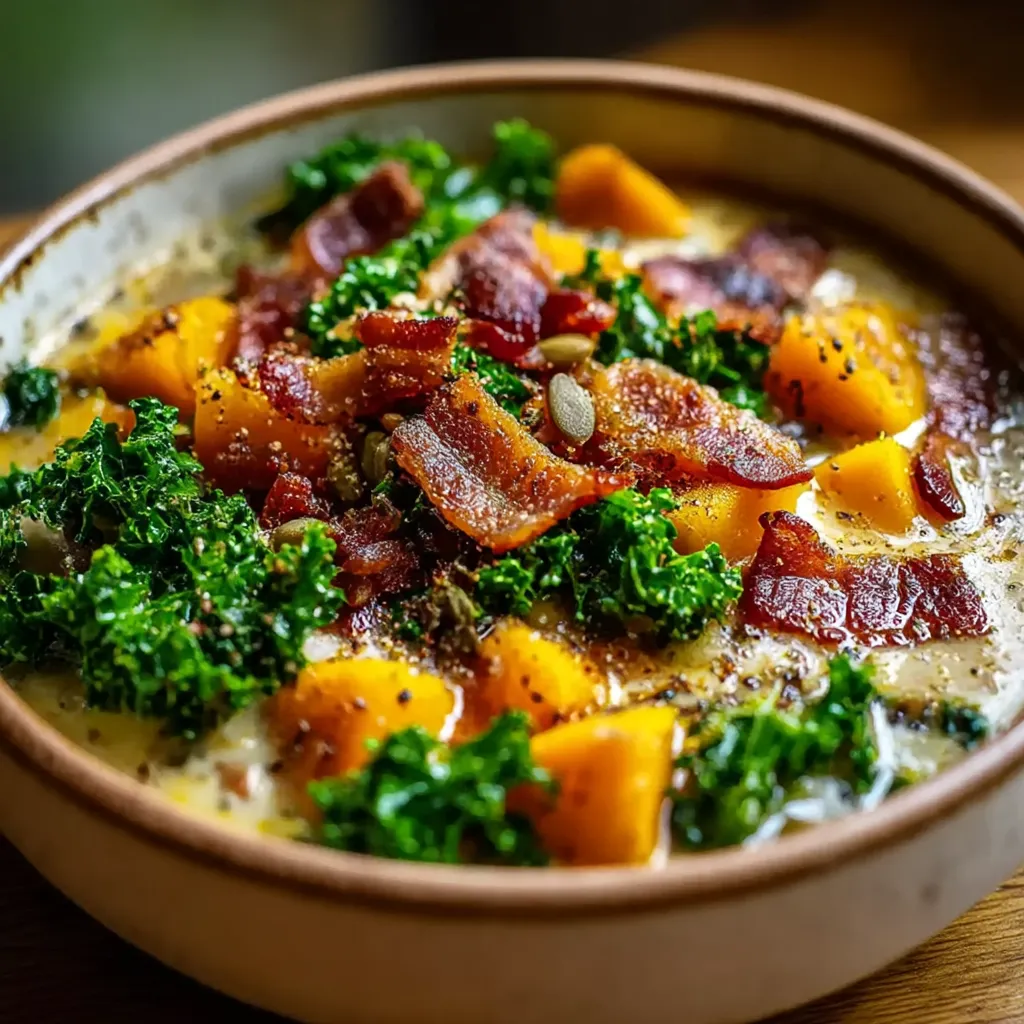 A bowl of food with bacon and broccoli.