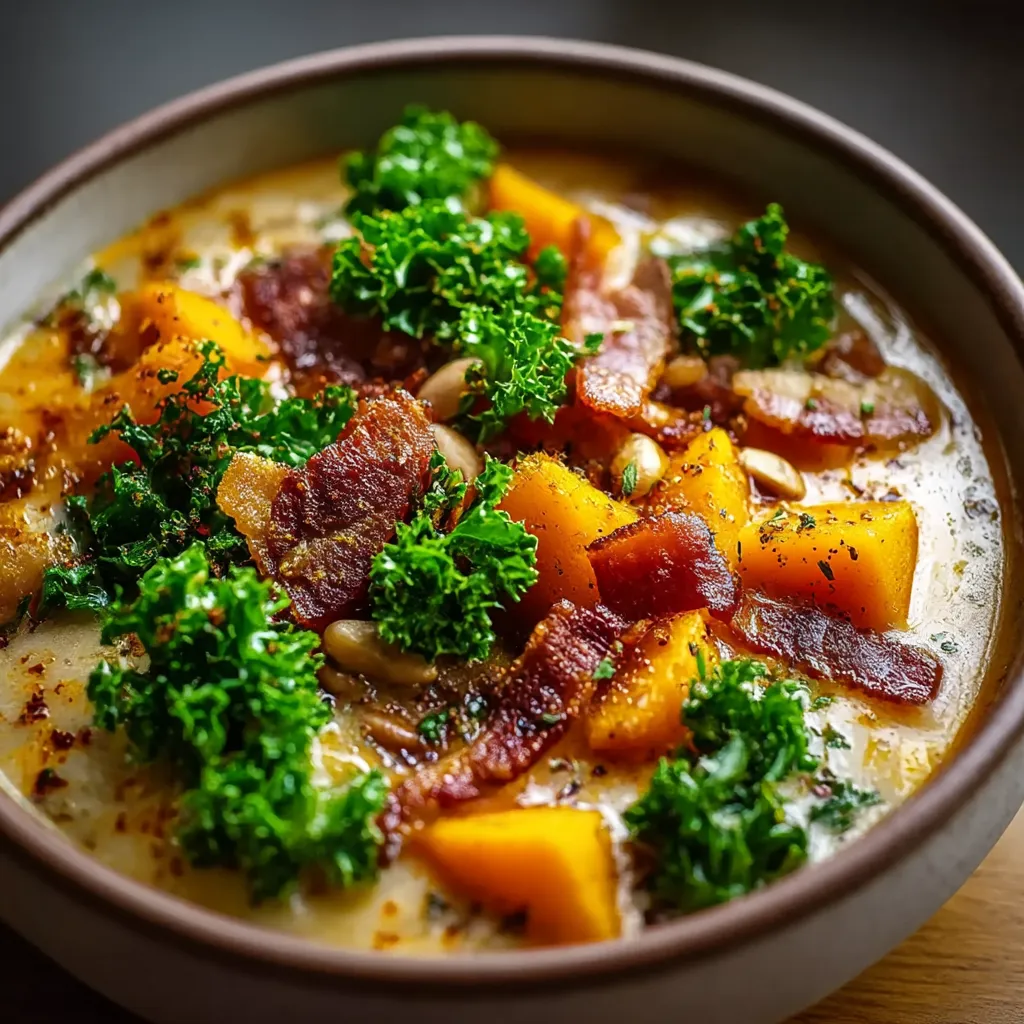 A bowl of soup with bacon, broccoli, and carrots.