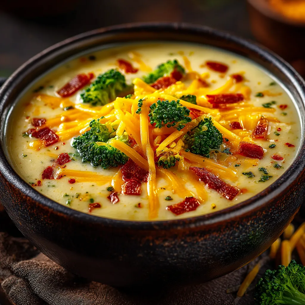 A bowl of soup with cheese and broccoli.