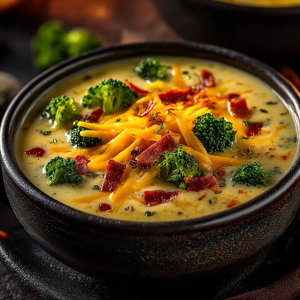 A bowl of soup with broccoli and cheese.