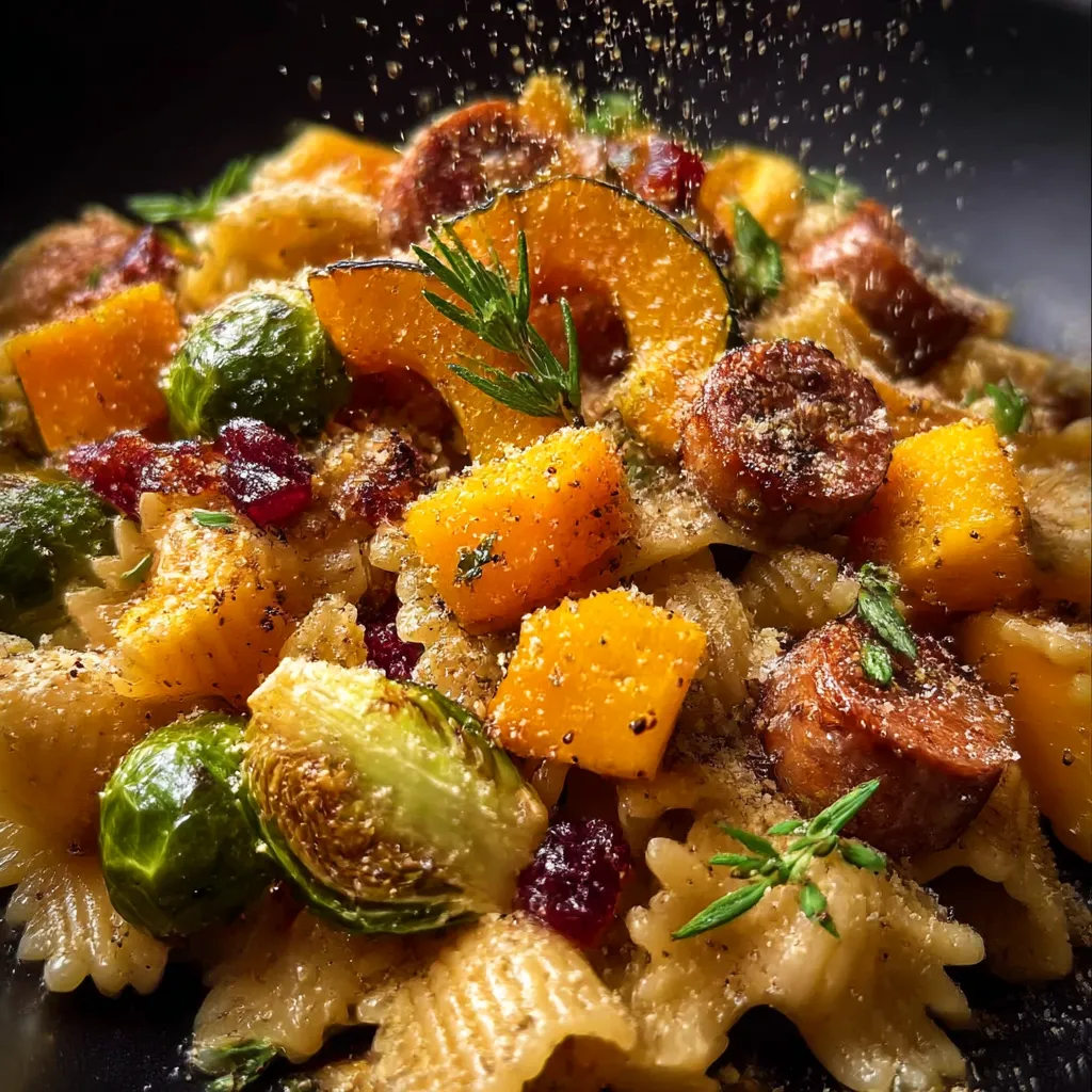 A plate of pasta with vegetables and meat.