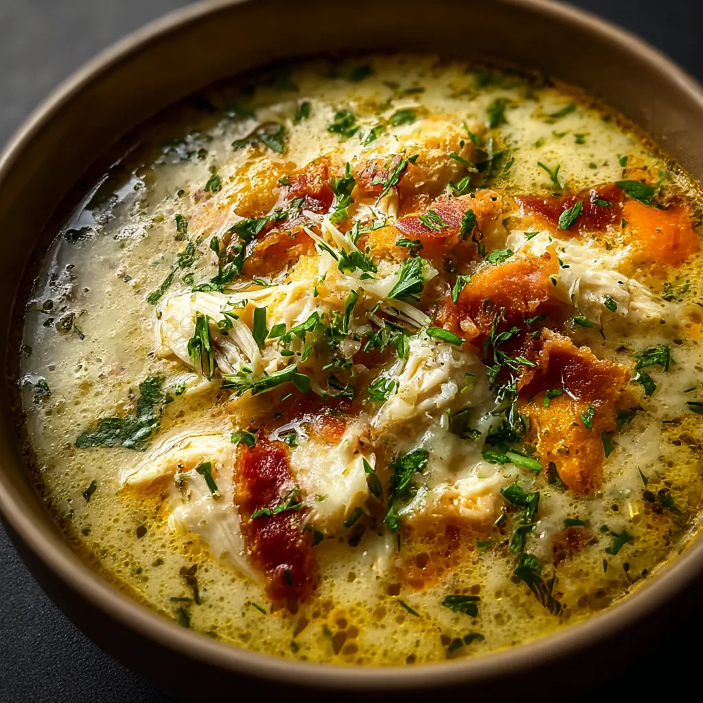 A bowl of soup with chicken and vegetables.