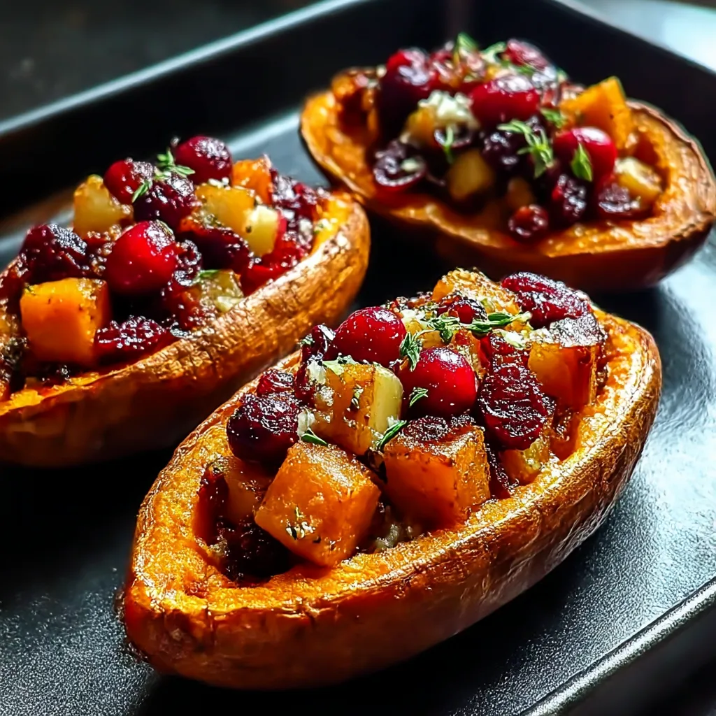 Two sliced pumpkins with fruit toppings.
