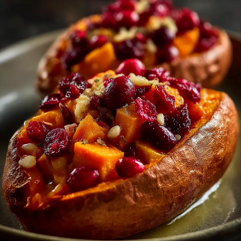 Two sliced sweet potatoes with marshmallows and cranberries.