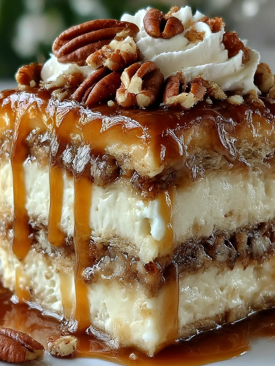 A slice of cake with caramel drizzled on top.