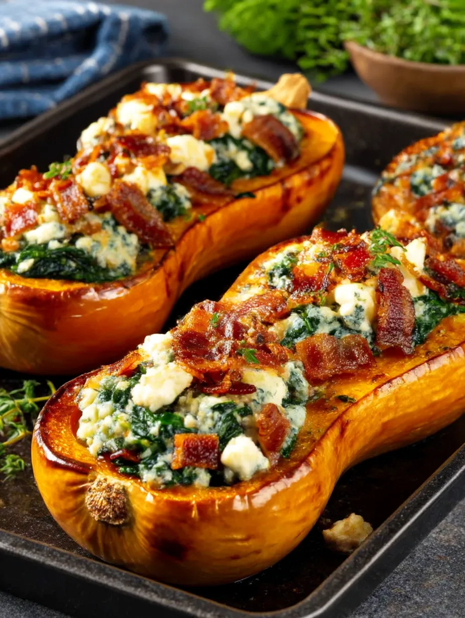 Two roasted vegetable dishes with bacon and blue cheese.