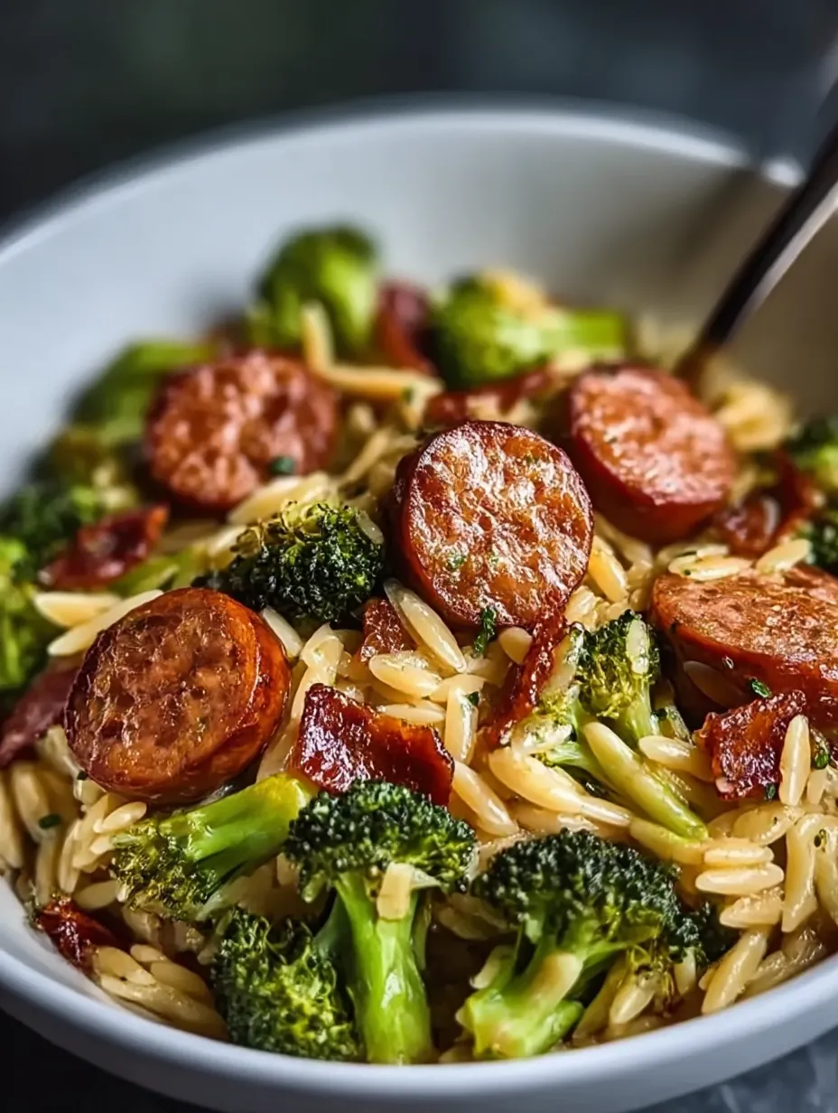 A bowl of pasta with sausage and broccoli.