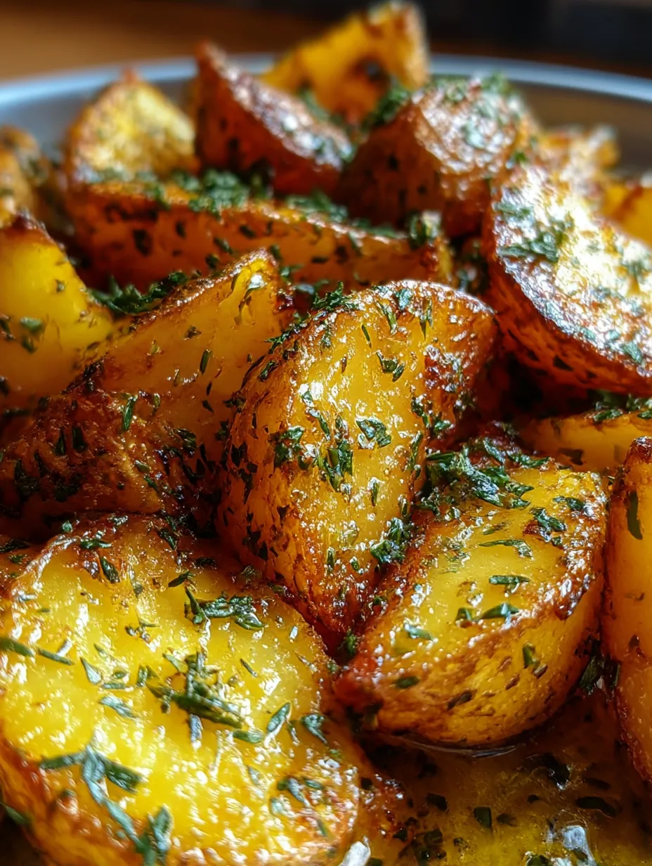A close up of a plate of potatoes with herbs.