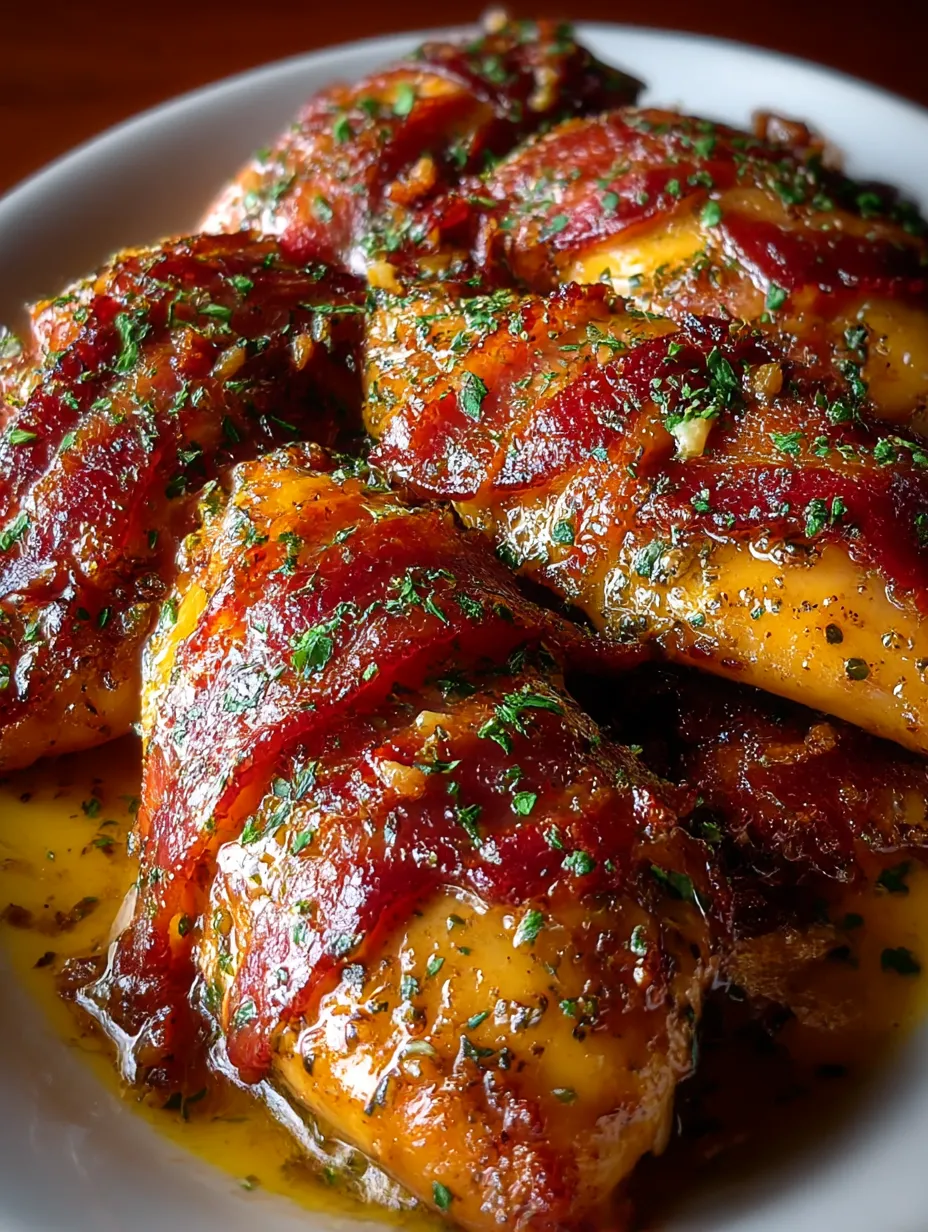 Bacon with herbs on top.