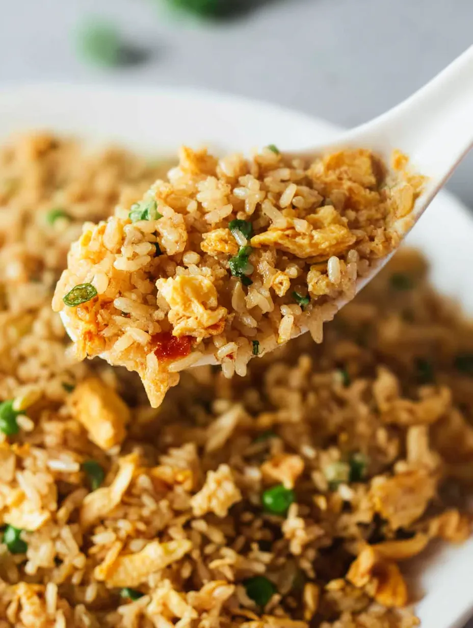 A spoon is scooping rice from a plate.