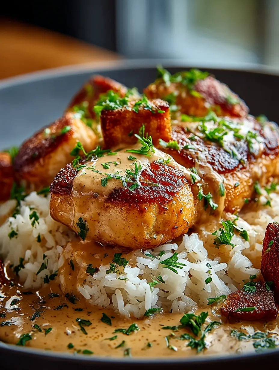 A plate of rice and meat with a sauce.
