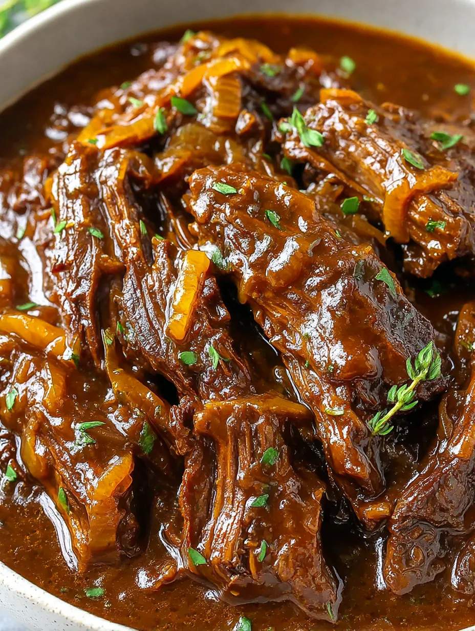 A close up of a beef stew with onions.