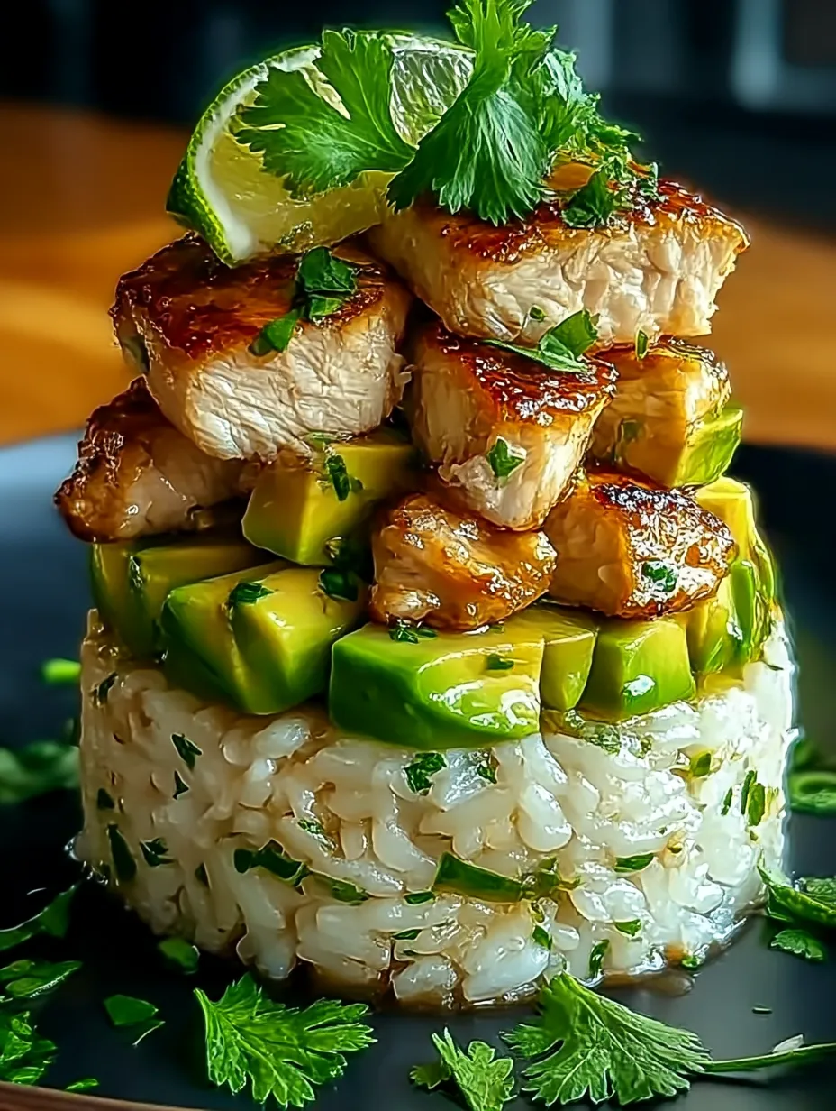 A stack of chicken and avocado on a plate.