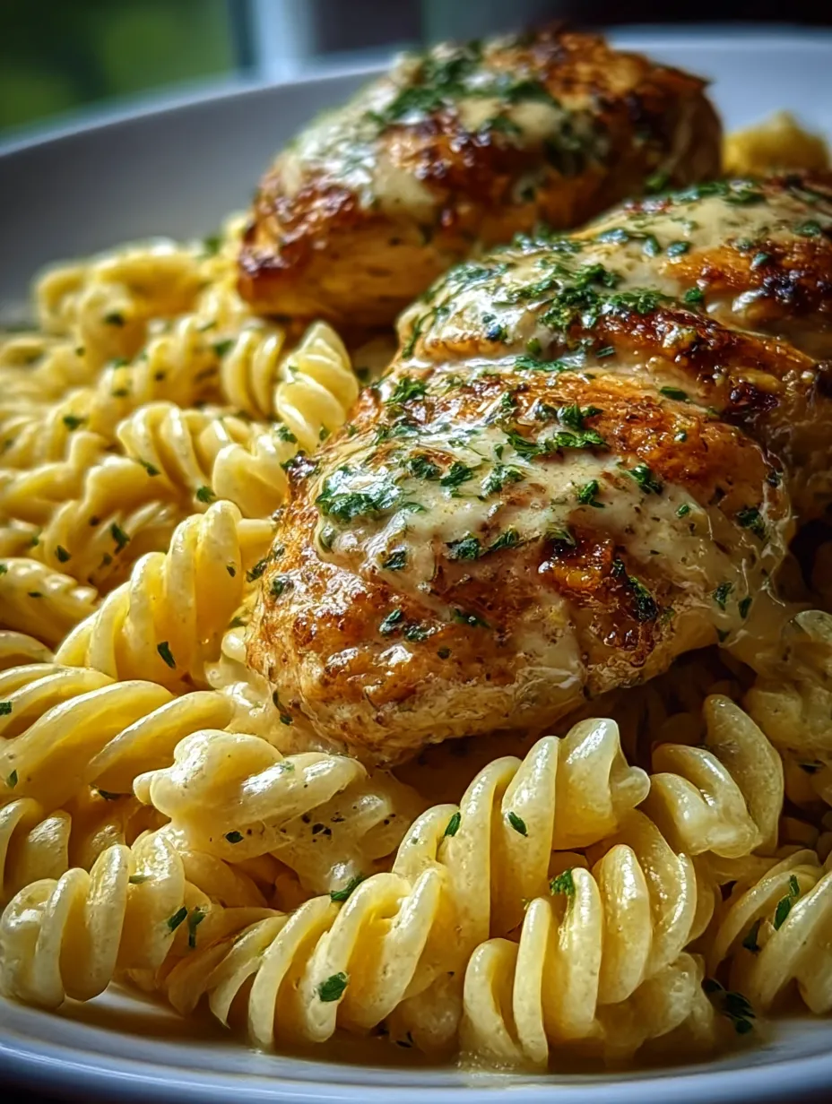 A plate of pasta with chicken on top.