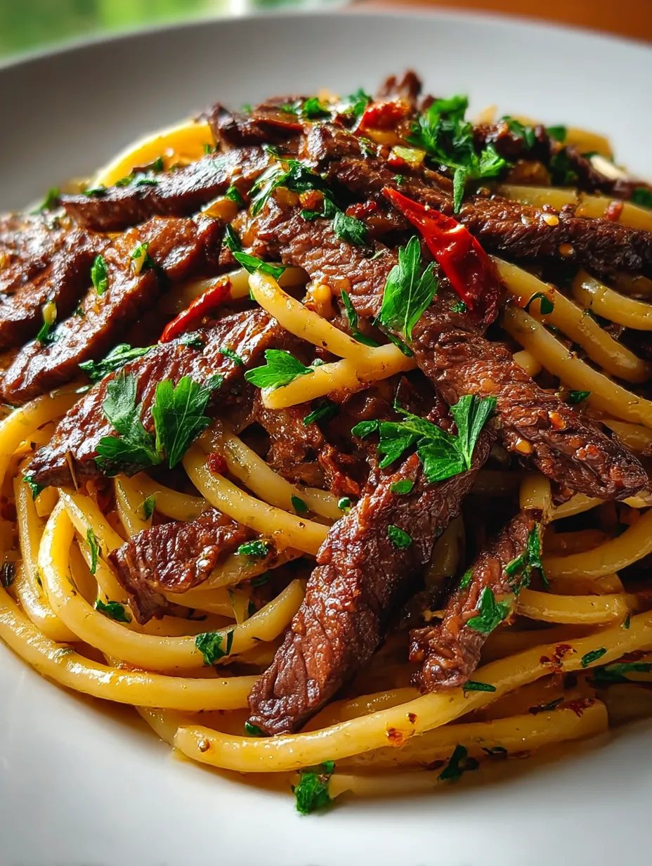 A plate of spaghetti with meat and vegetables.