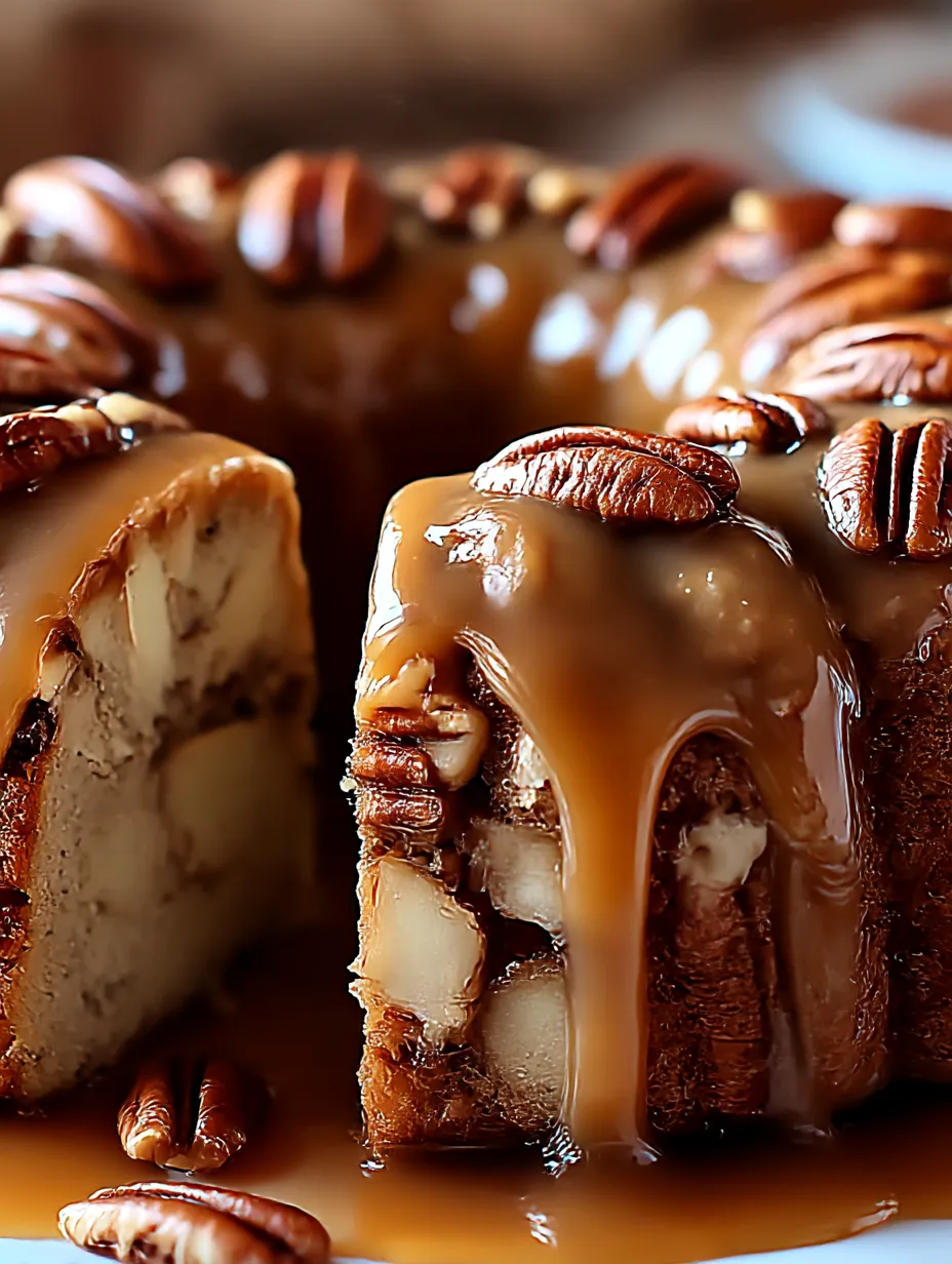 A slice of cake with pecans and caramel.