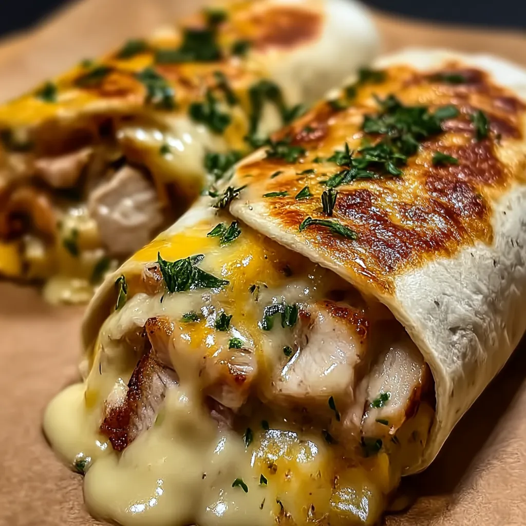 A burrito with cheese and chicken.