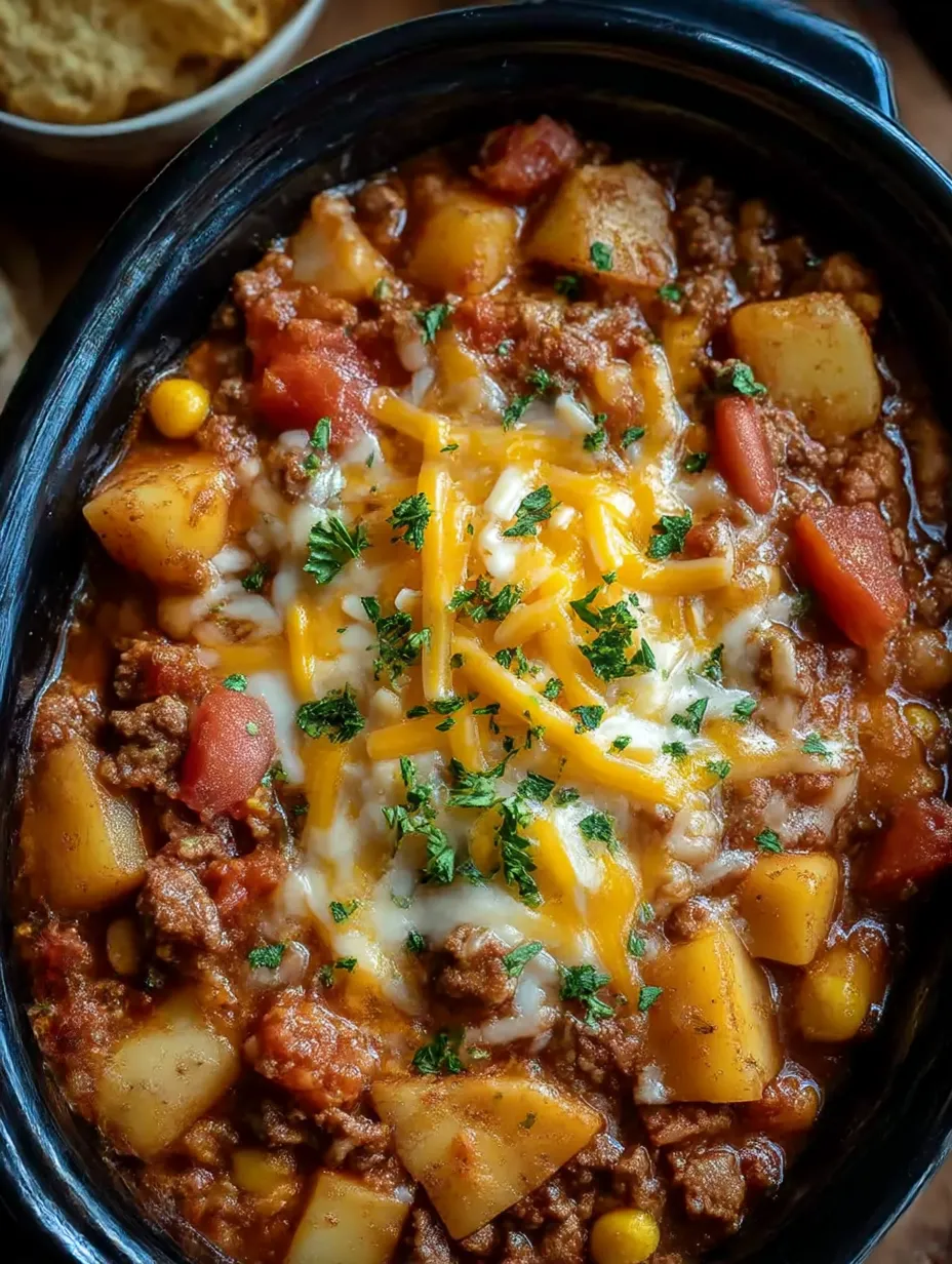 A bowl of chili with cheese and potatoes.