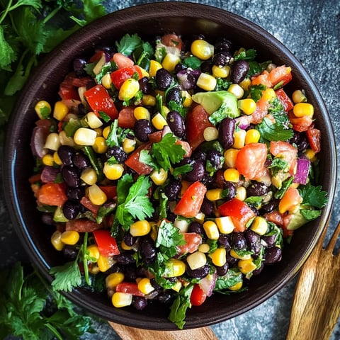 A bowl of salad with tomatoes, corn, and beans.