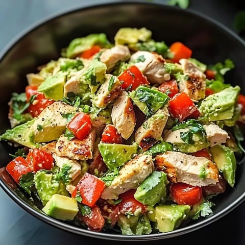 A bowl of chicken salad with avocado.